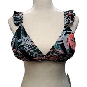 NWT Mermaid Bikini Swim Top Womens L Black Tropical Removable Pads Ruffle Straps